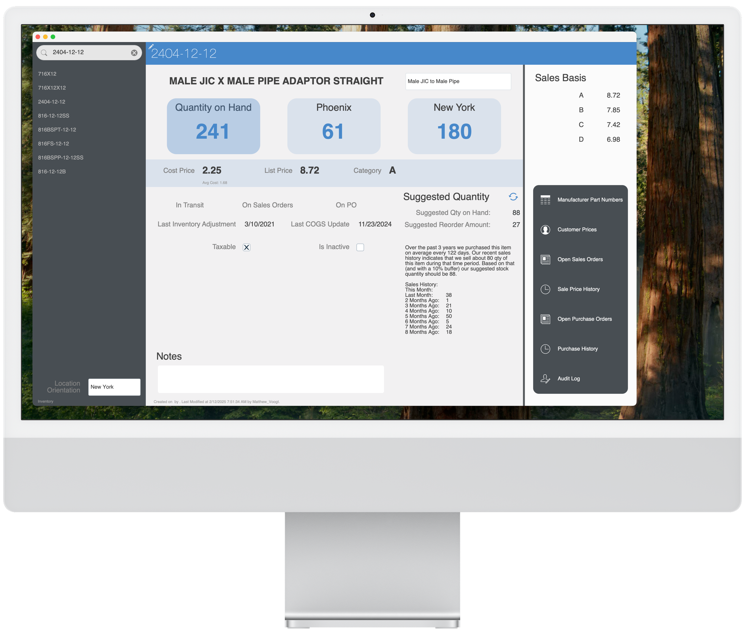 Pioneer ERP industrial supply management software displayed on an Apple iMac